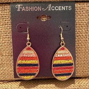 NWT Fashion Accents Earrings dangle gold w/ multicolored seed beads & crystals